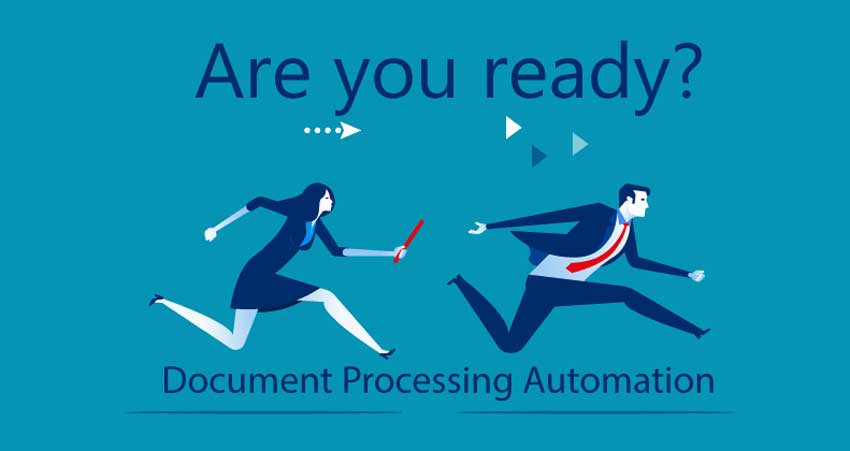 illustration of two people running a relay race with text that reads Are you ready? Document Processing Automation