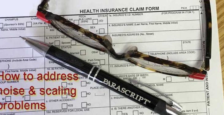 claim form with glasses and parascript pen and text that reads How to address noise & scaling problems