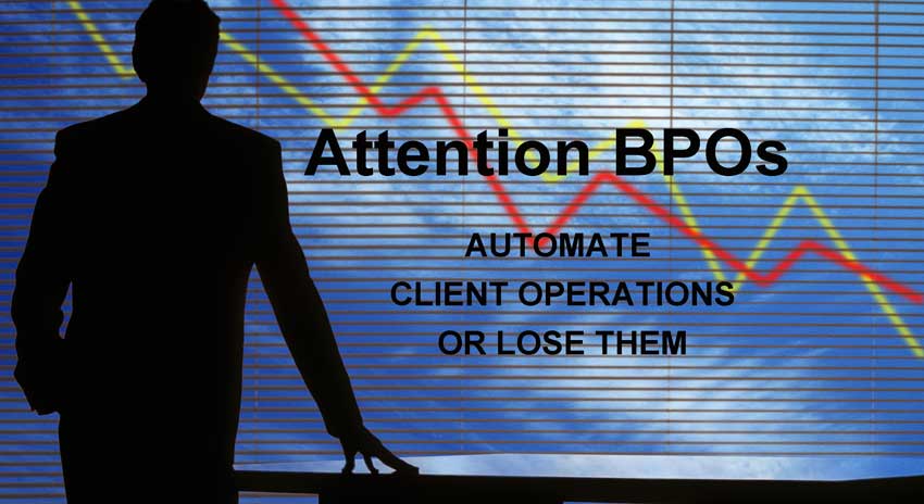 silhouette of a person in meeting room with text that reads Attention BPOs Automate Client Operations or Lose Them